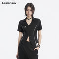 Lapargay  lapel waist-cinching short jacket with contrasting color lines and double zipper design L78201904V