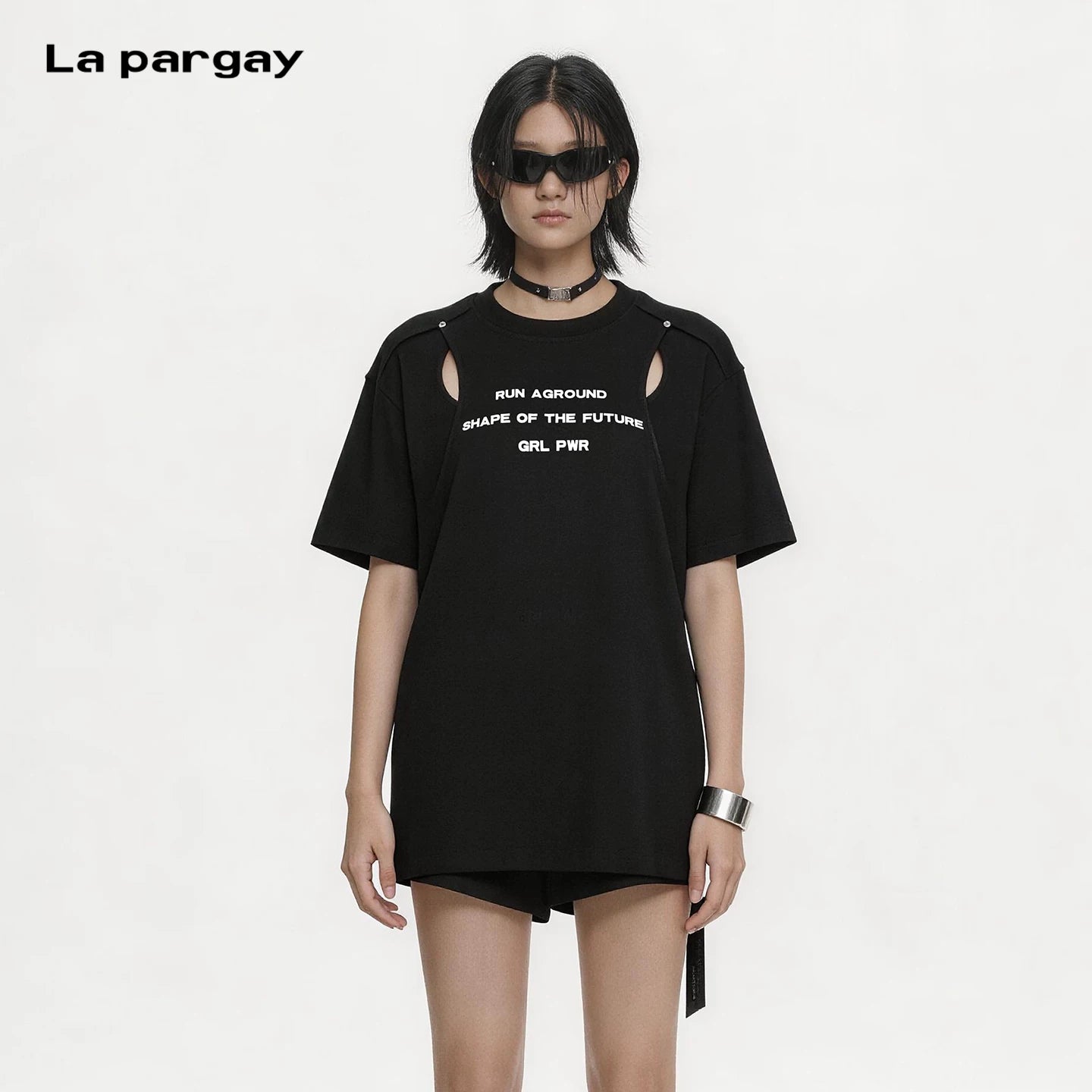Lapargay techwear short sleeve T-shirt drop shoulder loose back double cutout L66300274C