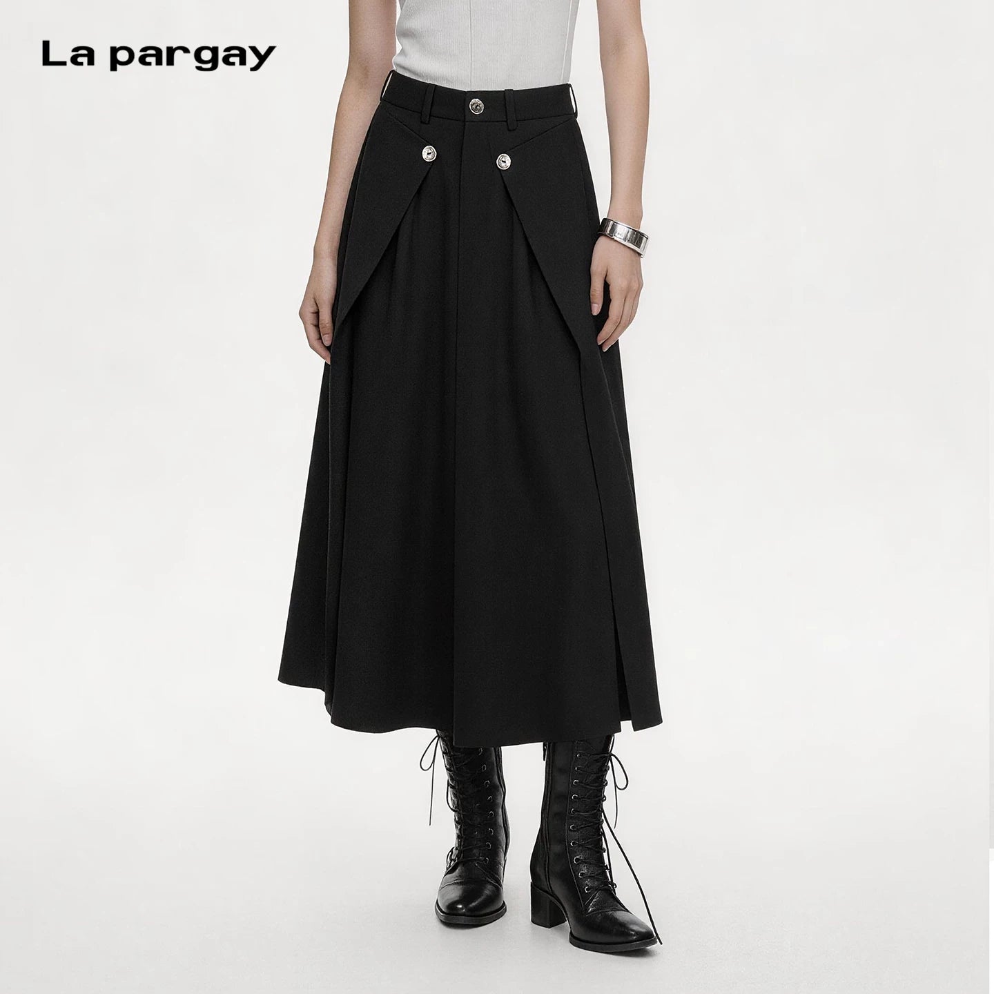 Lapargay dual decorative button hip-covering design A-line midi skirt high waist elongating figure L78209105V
