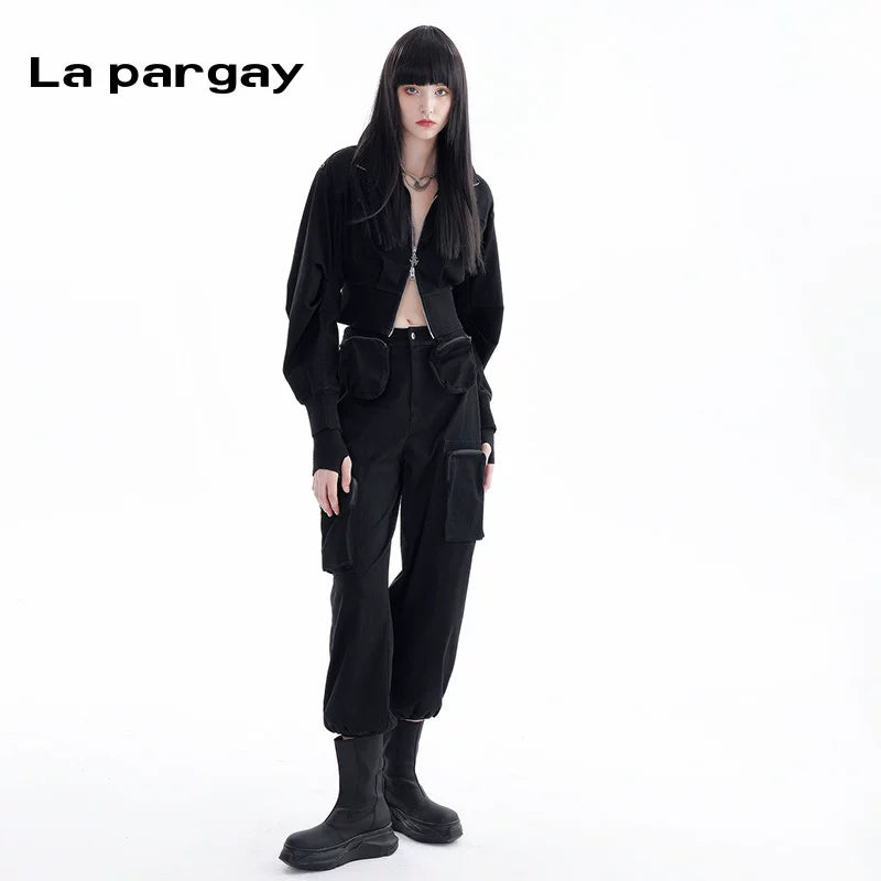 Lapargay three-dimensional pocket cargo pants 2026 spring new women's black high-waist versatile niche casual pants