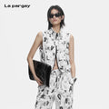 Lapargay  high-street sleeveless vest with black-and-white full print and个性 zipper short jacket L78201409V