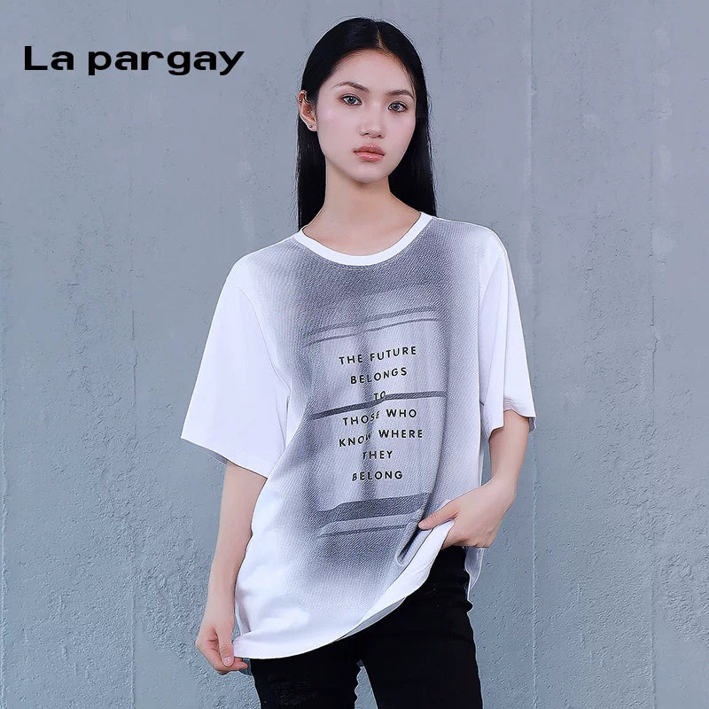 Lapargay Mid-long Pure Cotton Loose T-shirt 2026 New Style Personality Design Gradient Knit Top