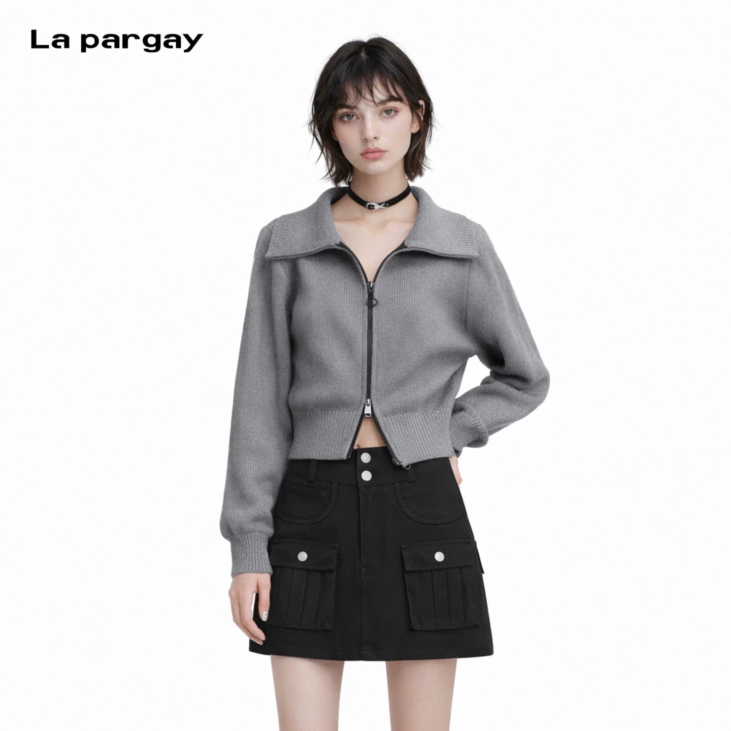 Lapargay Double Zipper Long Sleeve Stand Collar Waist Knit Sweater 2026 Spring New Warm Top