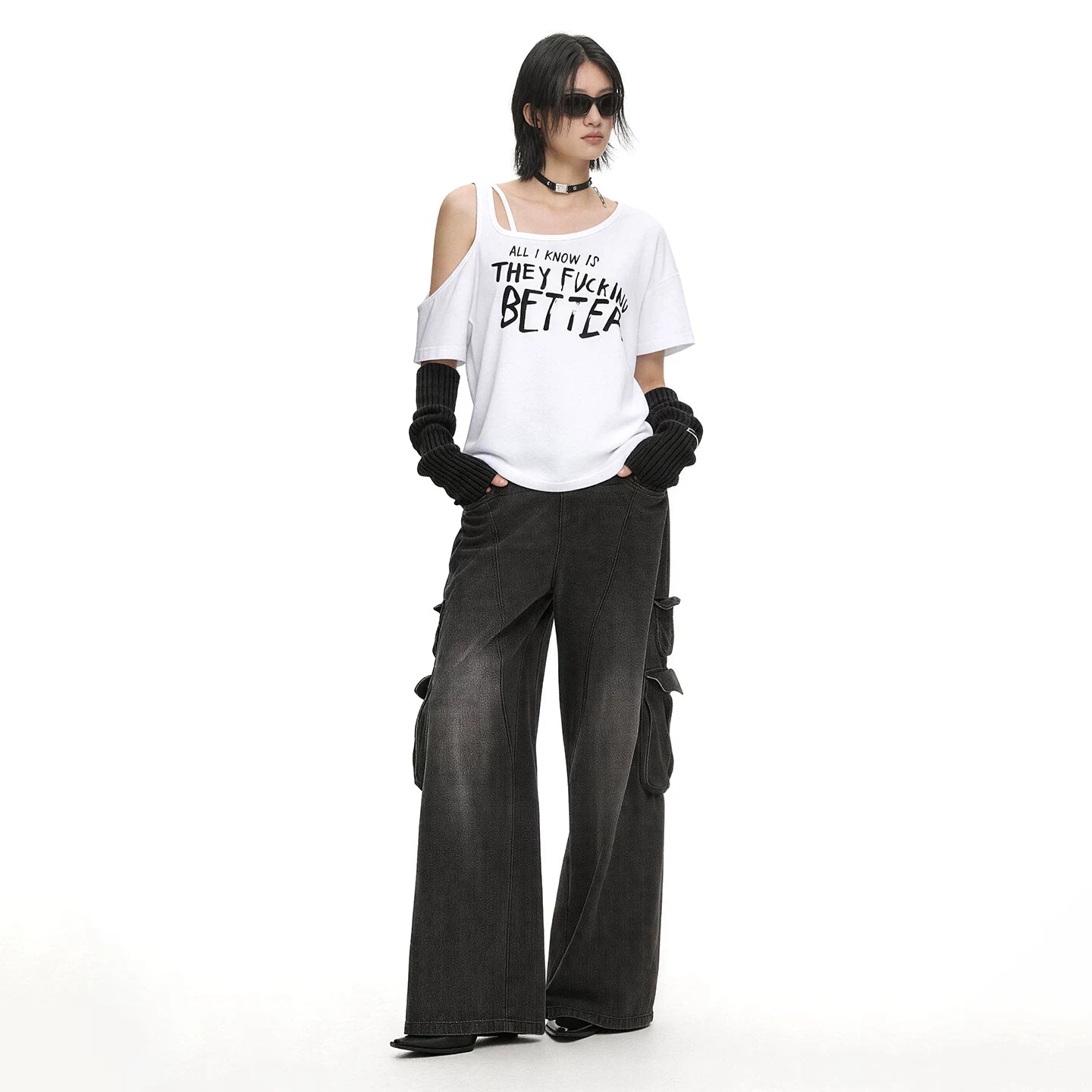 Lapargay Personality Design One-Shoulder T-Shirt 2026 New Style Fashion Trendy Brand Off-Shoulder Pure Cotton Short Sleeve Knit Top