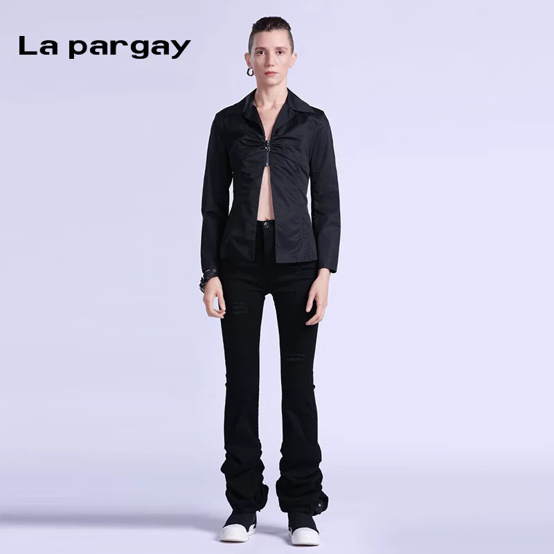 Lapargay long-sleeve shirt 2026 spring new women's black personality fashion casual design sense niche top