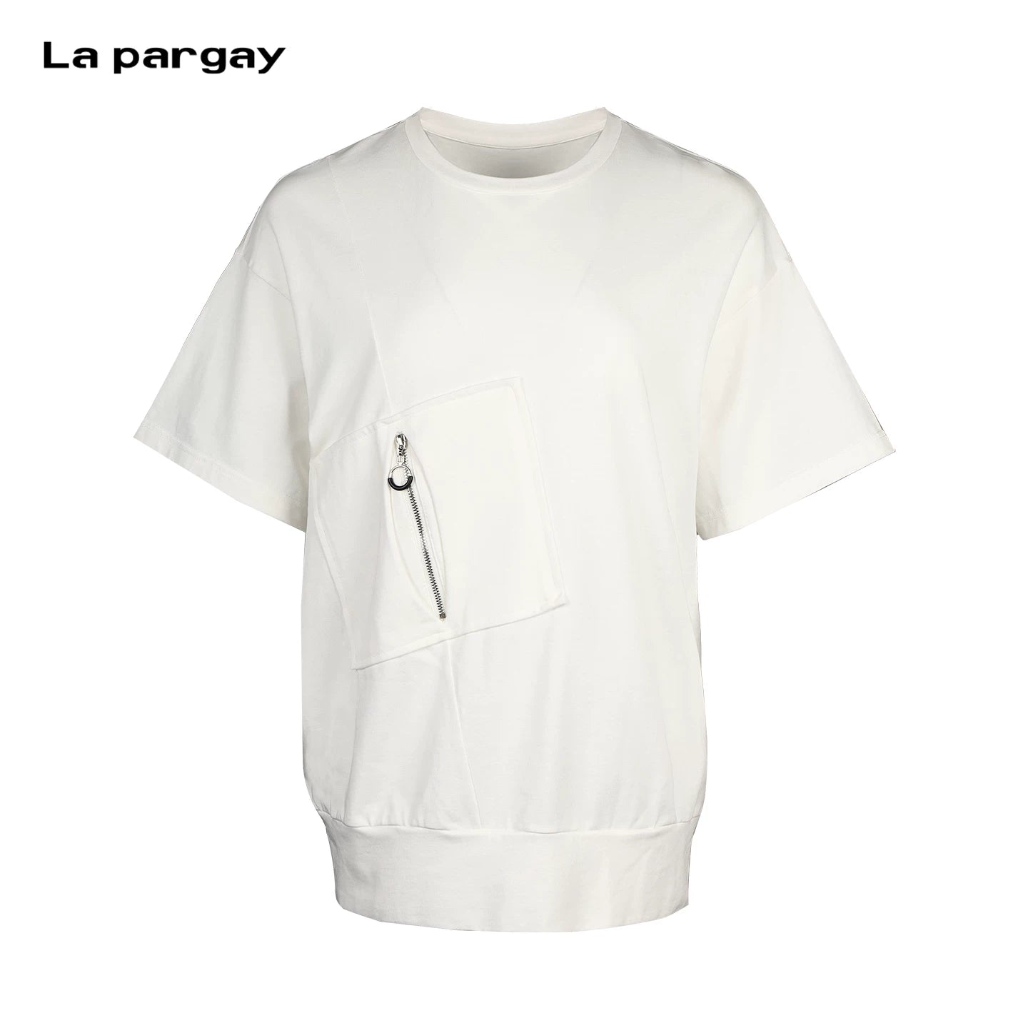 Lapargay Diagonal Zipper Pocket Design Loose Drop Shoulder Skin-Friendly Round Neck Top L75200225C
