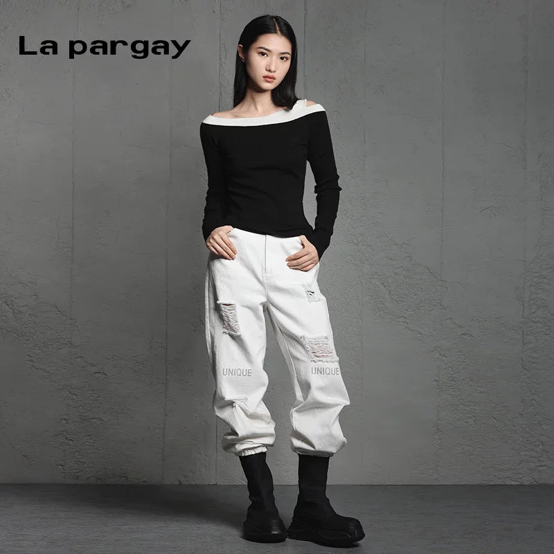 Lapargay pullover long sleeve off-shoulder color-block knit sweater 2026 spring new women's slim fit base top