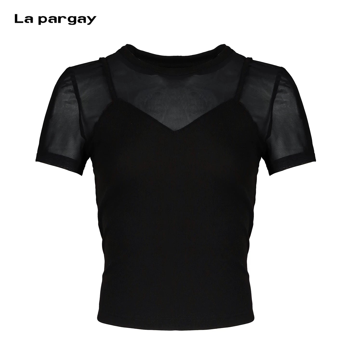 Lapargay Mesh spliced faux two-layer T-shirt Two-in-one look Slimming non-repetitive style L75200231C