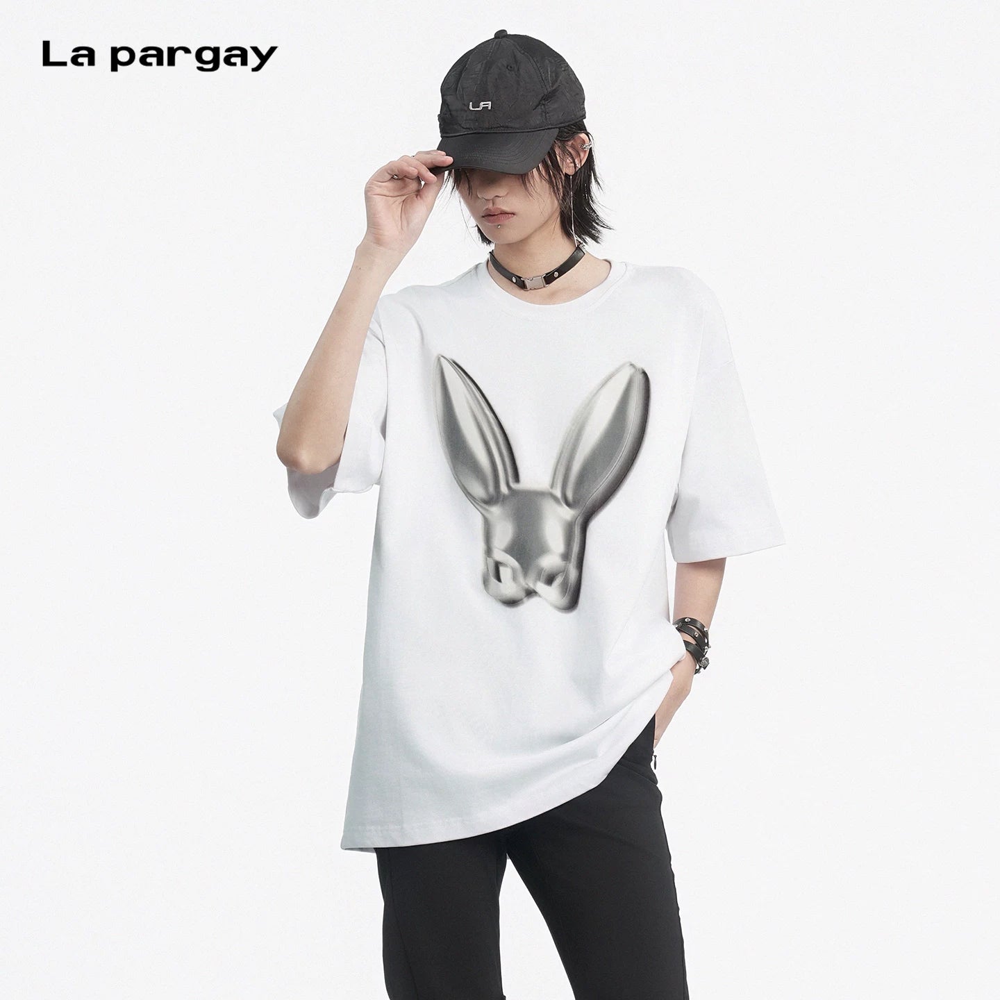 Lapargay 3D rabbit head design skin-friendly pure cotton fabric loose silhouette commuter top L66200232C