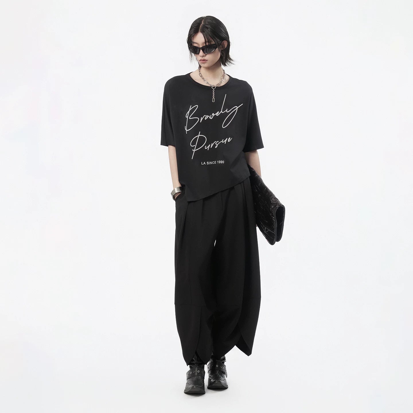Lapargay Round Neck Print T-Shirt, Slightly Dropped Shoulder Half Sleeve, Irregular Hem Design L78200226V