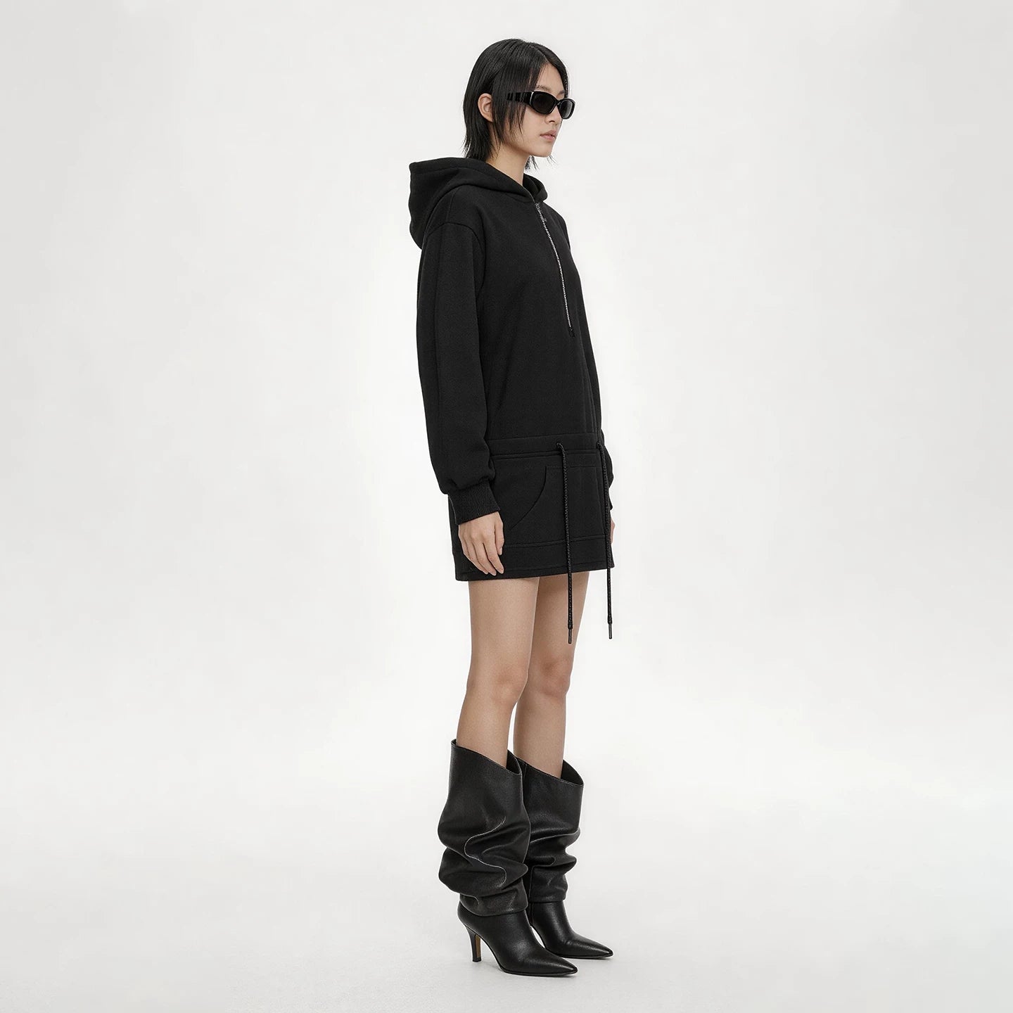Lapargay Hooded Half-Zip Sweater Dress Drawstring Double Pockets Slimming Short Little Black Dress L75109002C