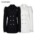 Lapargay Mesh Puff Sleeve Waist-Cinching Blazer Metal Double-Breasted Buttons Exquisite Brooch L63301213S