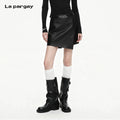 Lapargay High-waisted Metal Chain-trimmed Short Skirt Sharp Cut Asymmetrical Hem L66110301C