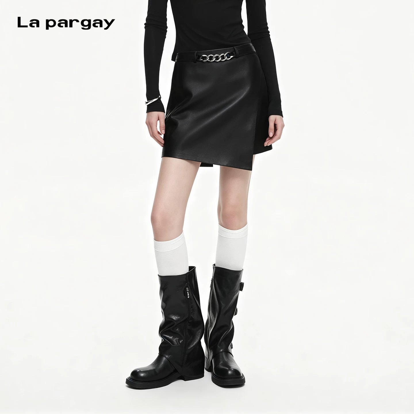 Lapargay High-waisted Metal Chain-trimmed Short Skirt Sharp Cut Asymmetrical Hem L66110301C