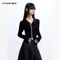 Lapargay [Endless Night] Contrast Color Embroidery Zip-up Cardigan Polo Collar L75308305V