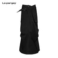 Lapargay Cargo Multi-Pocket Three-Dimensional Pleats Back Slit Cool Long Skirt with Belt L75209101C
