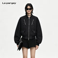 Lapargay cool studded baseball jacket, ribbed hem design, flatters body proportions L75101205B