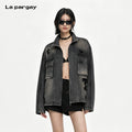Lapargay Vintage Distressed Denim Jacket with Hidden Zippers at Cuffs Full of Detail L72101218V