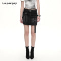 Lapargay  Vintage Washed Black Denim Work Skirt with Metal Button Waistband and Multi-Pocket Design L78109206V