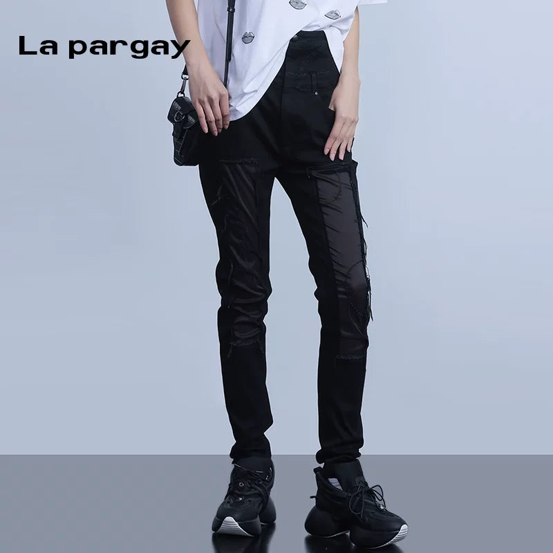 Lapargay 2026 black casual jeans simple patchwork design high-waist slimming pencil pants