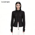 Lapargay Lapel Long-Sleeve Top Cinched Waist Cut Semi-Sheer Mesh Zipper Design L75201206C