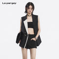 Lapargay contrast stitched vest with multiple button decorations and fringe hem design L78201402S