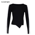 Lapargay Slim Striped Knit Top Square Neck Exposed Collarbone Asymmetric Hem L66308205C