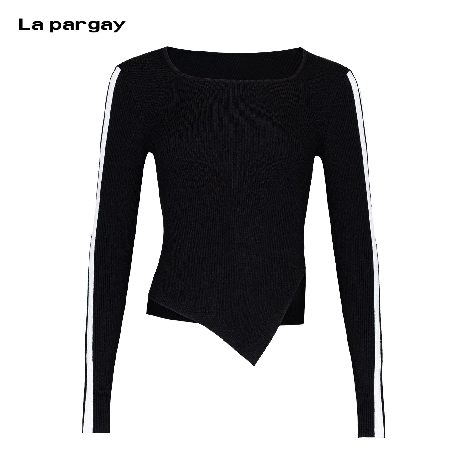 Lapargay Slim Striped Knit Top Square Neck Exposed Collarbone Asymmetric Hem L66308205C