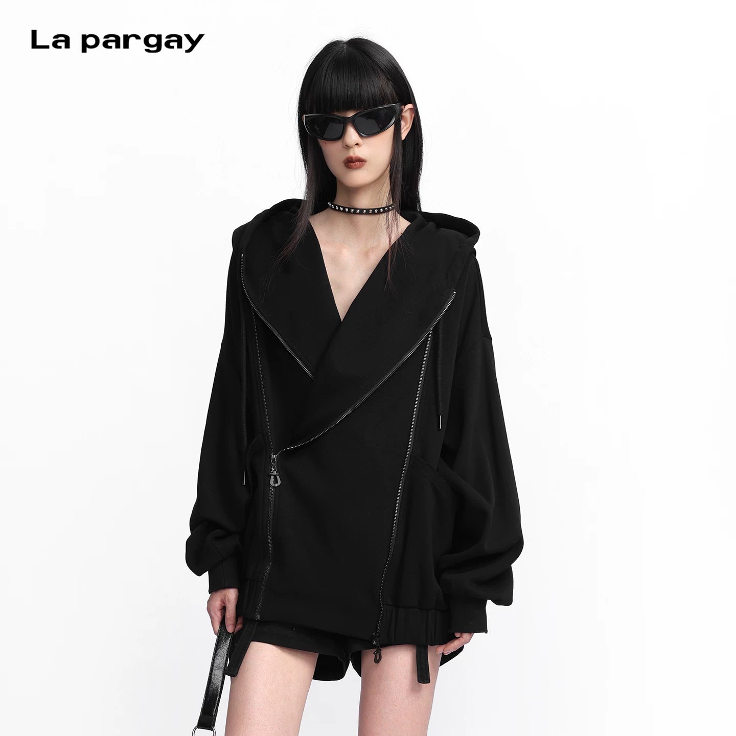 Lapargay 【Sleeping Paris】Motorcycle Style Loose Hooded Jacket Asymmetric L75301303V