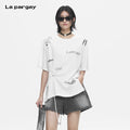 Lapargay drawstring waist, graffiti print, irregular hem, loose round neck T-shirt L78200206C