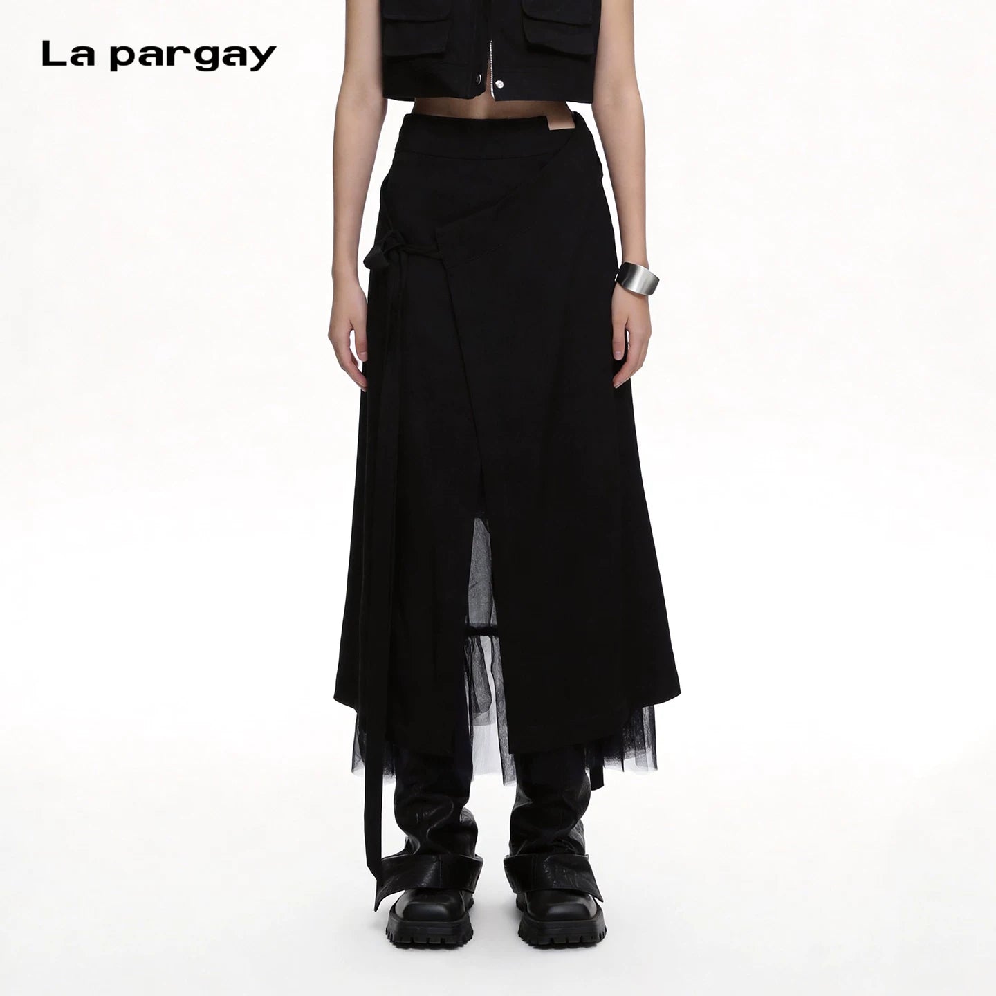 Lapargay dark style long skirt mesh double-layer spliced asymmetrical slit skirt L63109103C