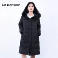 Lapargay long sleeve hooded embroidered long down jacket coat 2026 new personality casual simple top