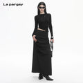 Lapargay  deconstructed pleated long skirt, single side button row, high-waisted slimming little black skirt L78109112V