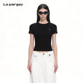 Lapargay crop top T-shirt round neck slimming exquisite bear rhinestone embellishment L66100210C