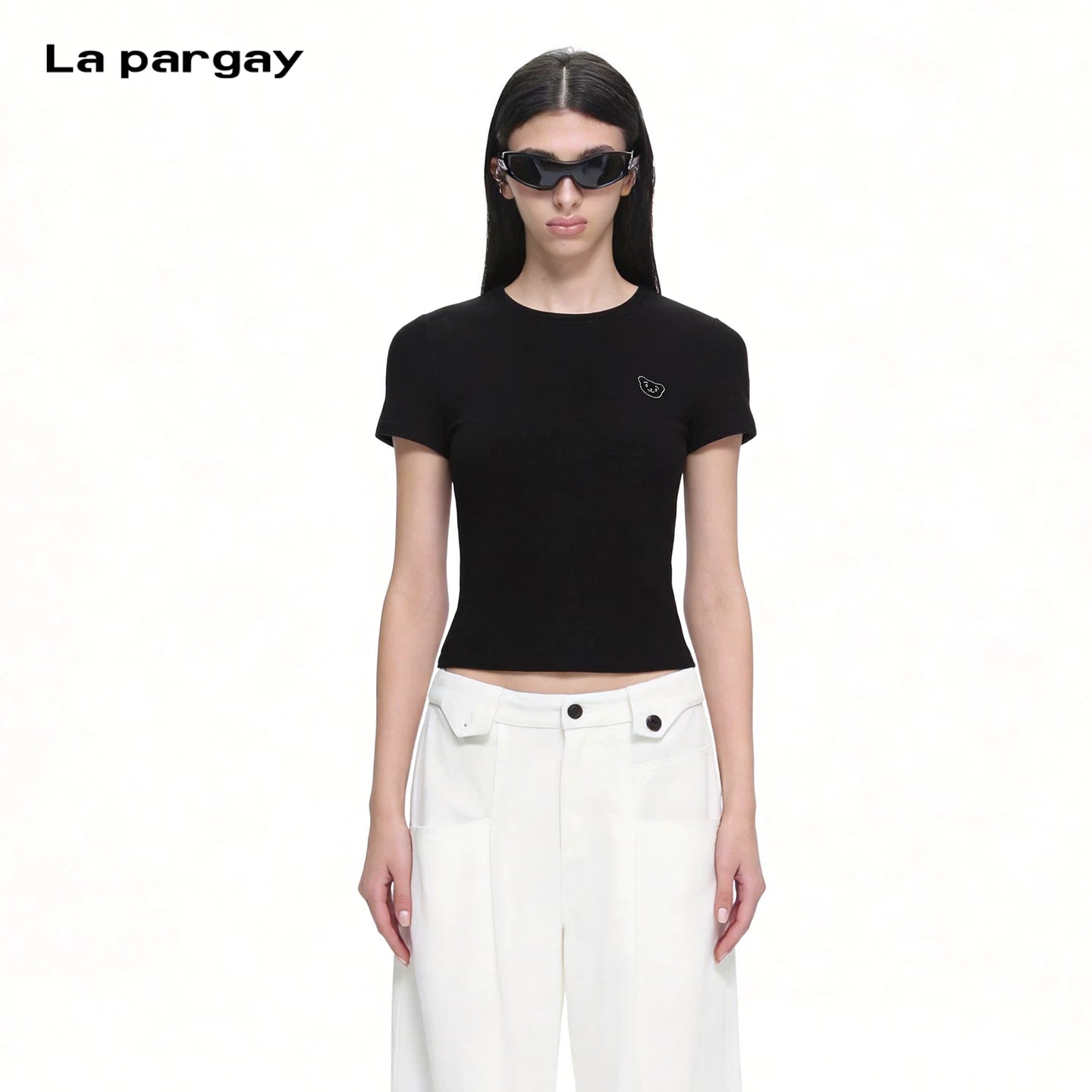 Lapargay crop top T-shirt round neck slimming exquisite bear rhinestone embellishment L66100210C