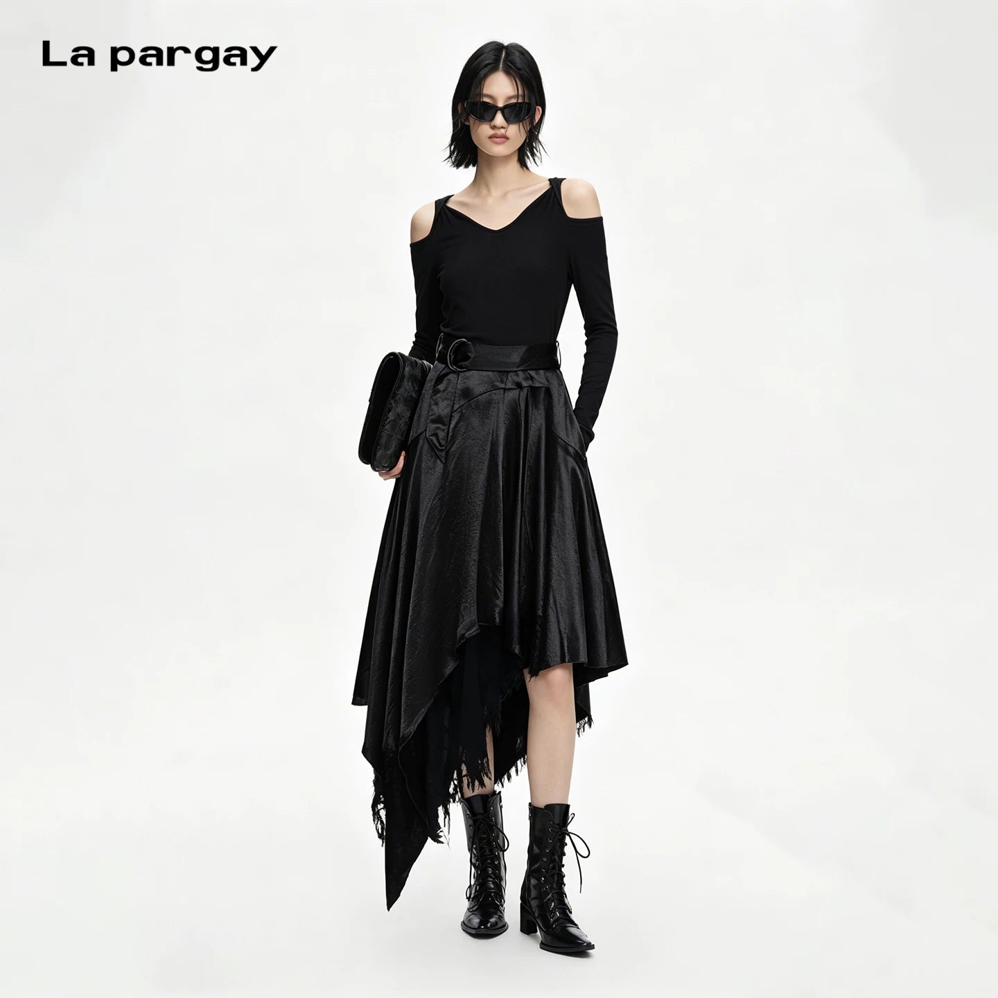 Lapargay Off-Shoulder V-Neck Dress Irregular Hem Waist-Cinching Slimming Little Black Dress L63109013S