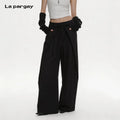 Lapargay black wide-leg pants with tie waist, loose and neat silhouette, simple and elegant easy to match L69202901C