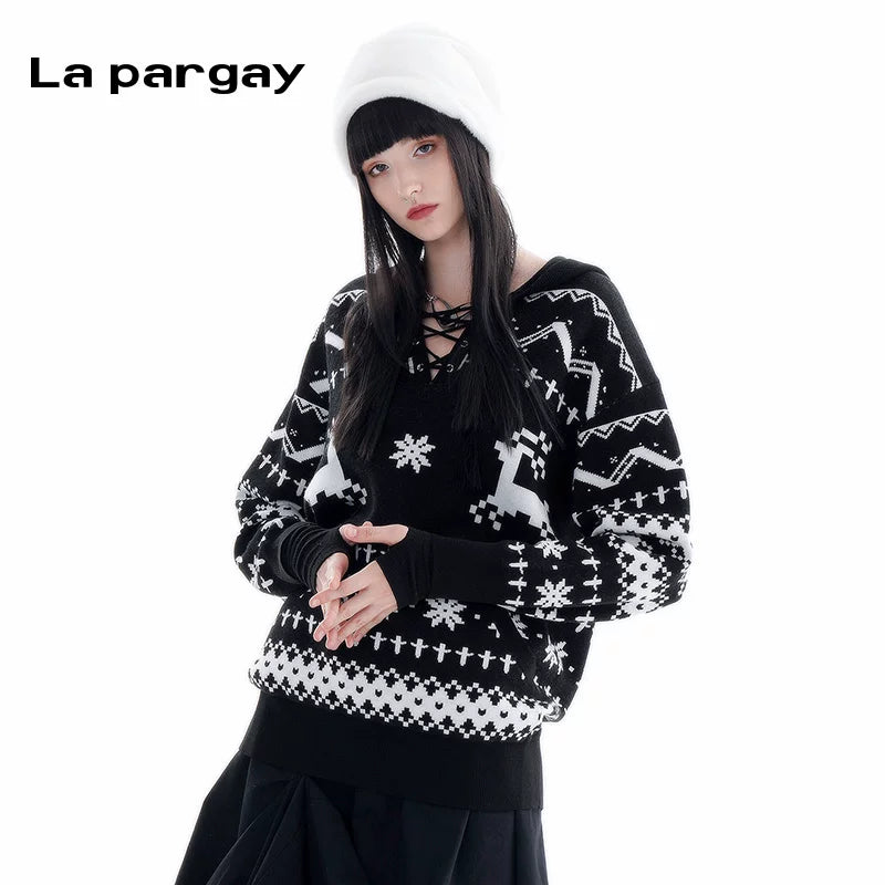 Lapargay Pullover Hooded Knit Sweater Women's 2026 New Stylish Casual Long Sleeve Design Sense Niche Top