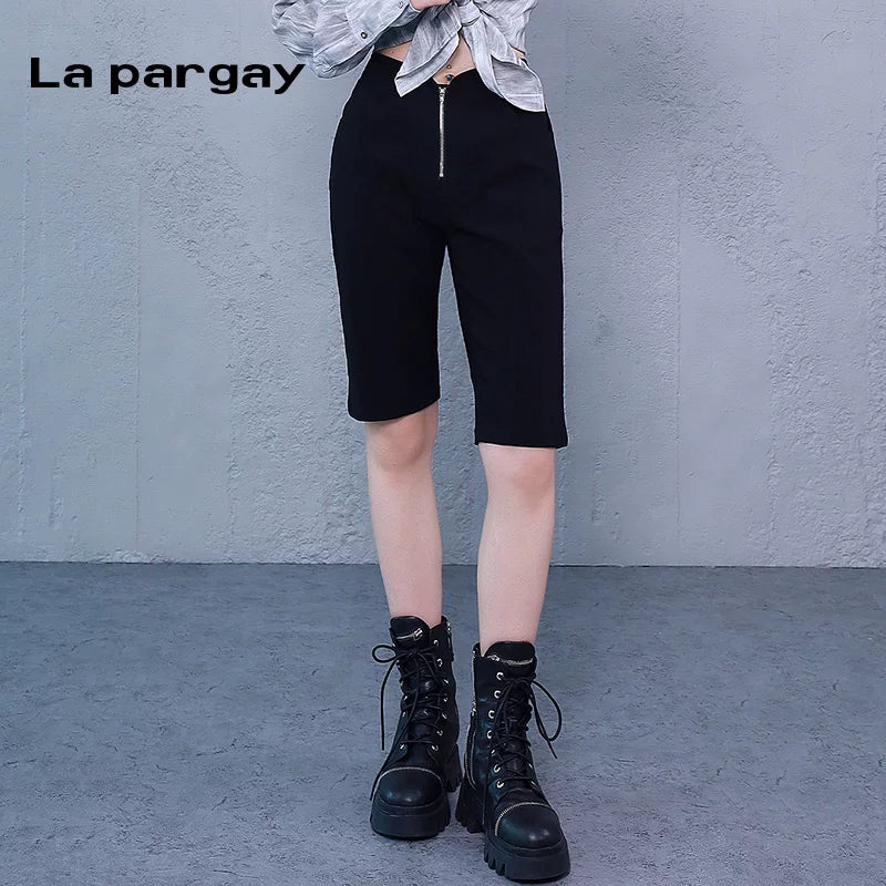 Lapargay High-waist Five-point Pants Straight Casual Pants 2026 New Women's Black Personality Versatile Design Pants