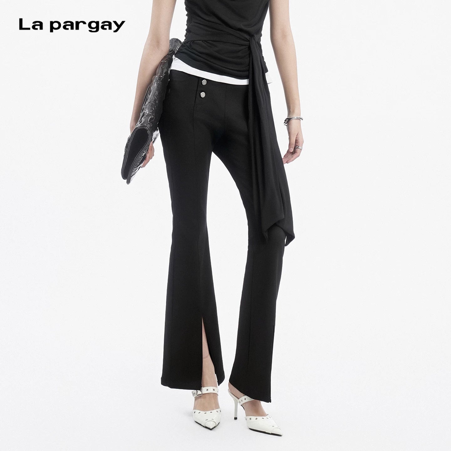 Lapargay High Waist Flared Trousers Front Split Hem Design Optimize Body Proportion L78202611C
