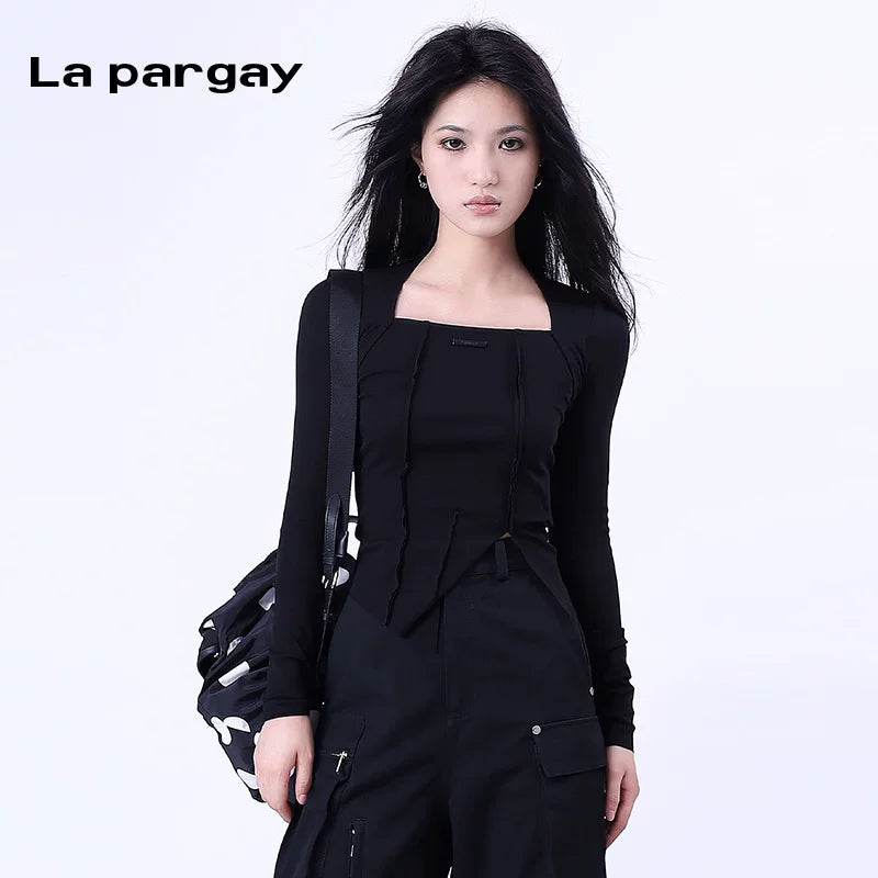 Lapargay Pullover Square Neck Long Sleeve T-Shirt Women 2026 Spring New Black Personality Fashion Casual Niche Top