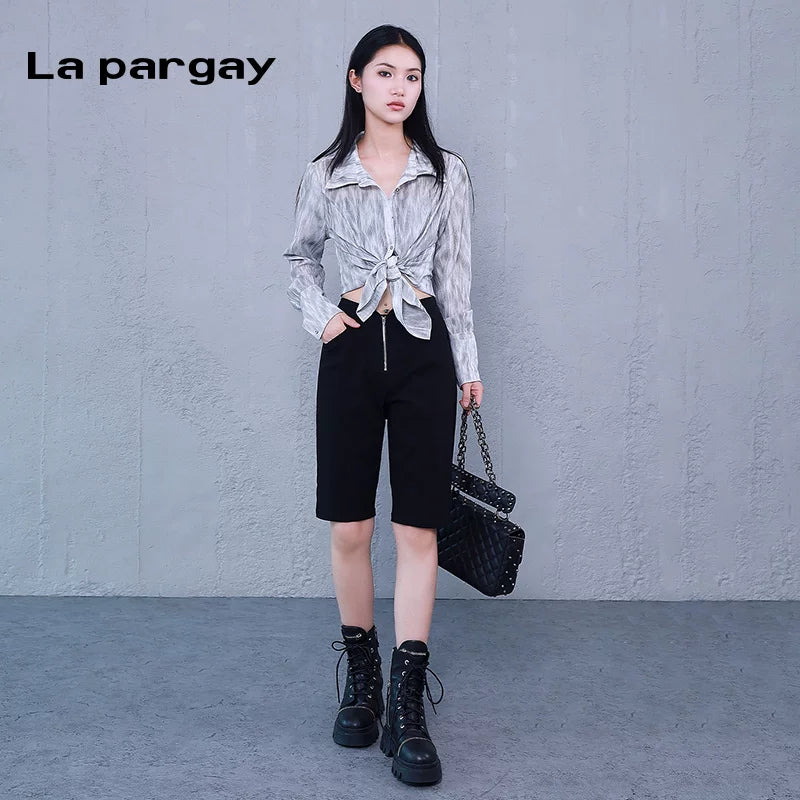 Lapargay High-waist Five-point Pants Straight Casual Pants 2026 New Women's Black Personality Versatile Design Pants