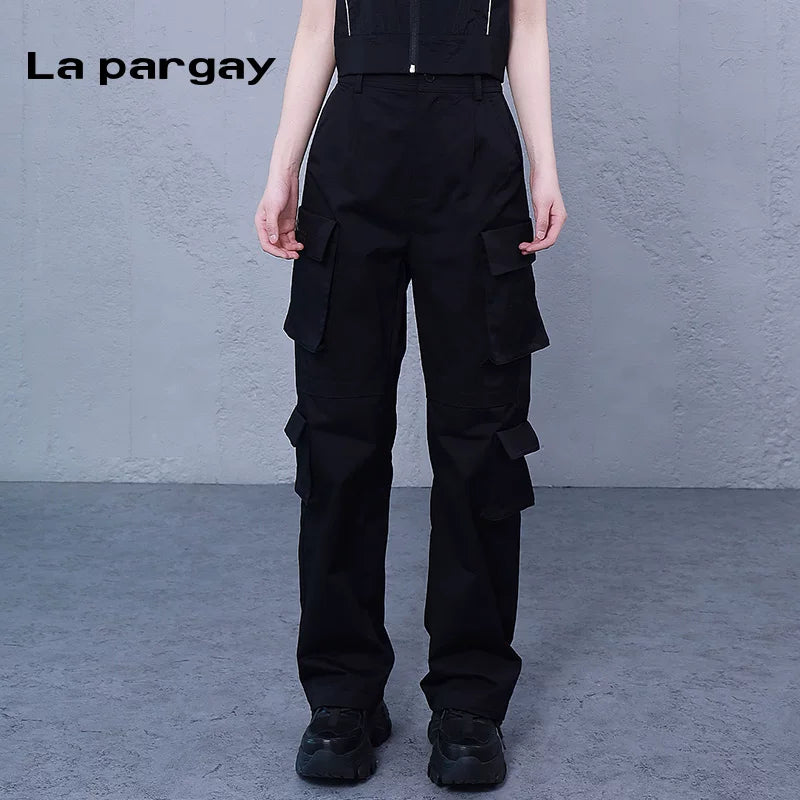 Lapargay High-Waist Trousers Cargo Multi-Pocket Casual Pants 2026 Spring New Women's Black Niche Pants