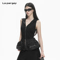 Lapargay  hooded sleeveless vest, multi-pocket gathering, techwear spliced vest L78200109V