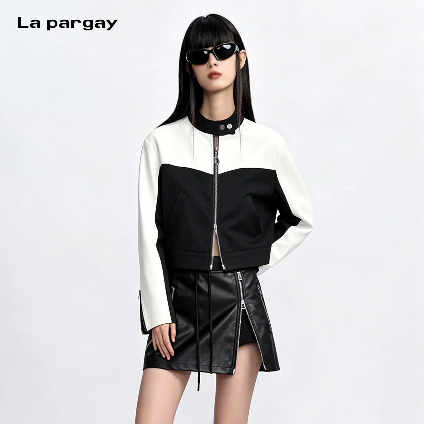 Lapargay 【Street Finale】Black and White Color-Blocking Motorcycle Short Jacket Contrast Colors L75301227V