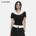 Lapargay  Faux Two-Piece Shirt Collar Splicing Large U-Neck Off-Shoulder Short Fitted Split Hem L78200203C