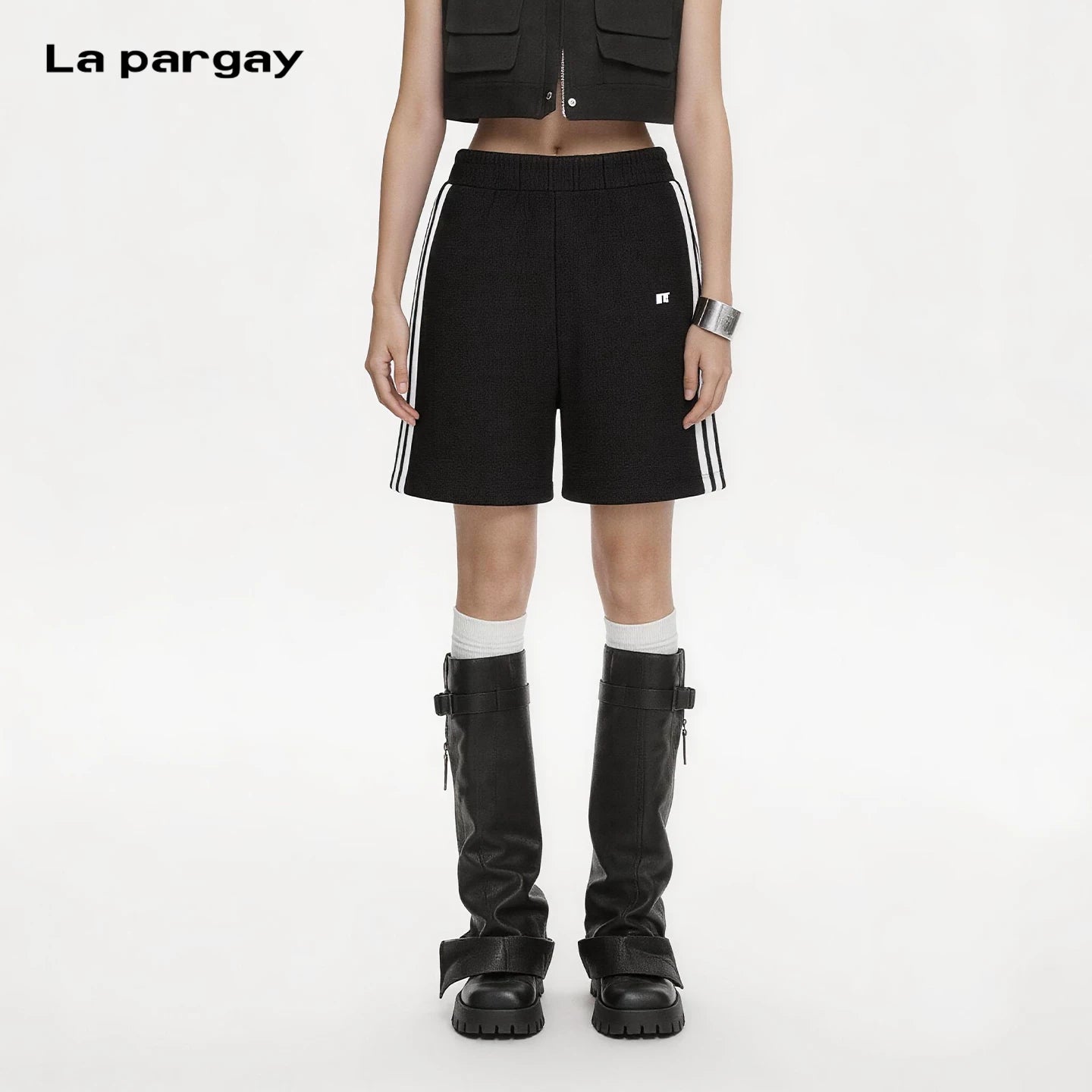 Lapargay High-Waist Waffle Mid Shorts Side Double Stripe Casual and Flattering L69302304V