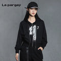 Lapargay Genderless Asymmetrical Drop Short Jacket 2026 Spring New Women's Black Long-Sleeve Hooded Top