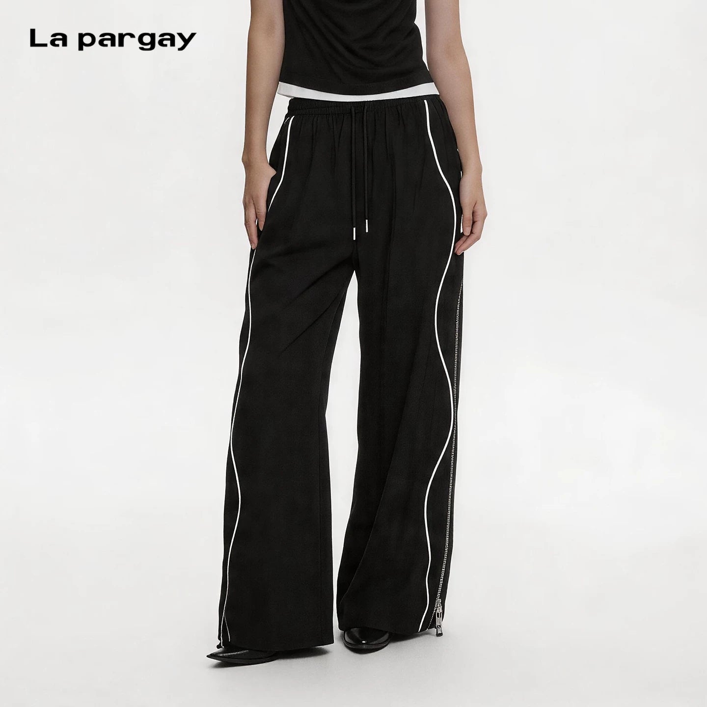 Lapargay Wave Line Design Loose Wide-leg Pants Elastic Waist Adjustable Hem L75202607V