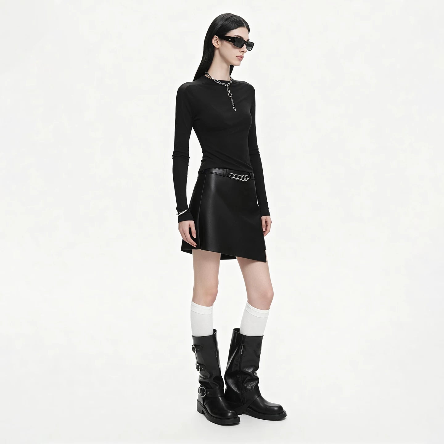 Lapargay High-waisted Metal Chain-trimmed Short Skirt Sharp Cut Asymmetrical Hem L66110301C